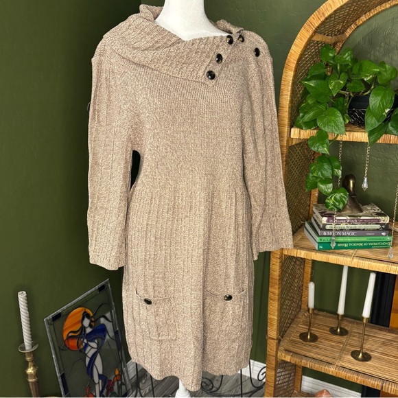 Style & Co. Dresses & Skirts - Style & Co Tan Cozy Knit Pockets Sweater Dress with Button Details